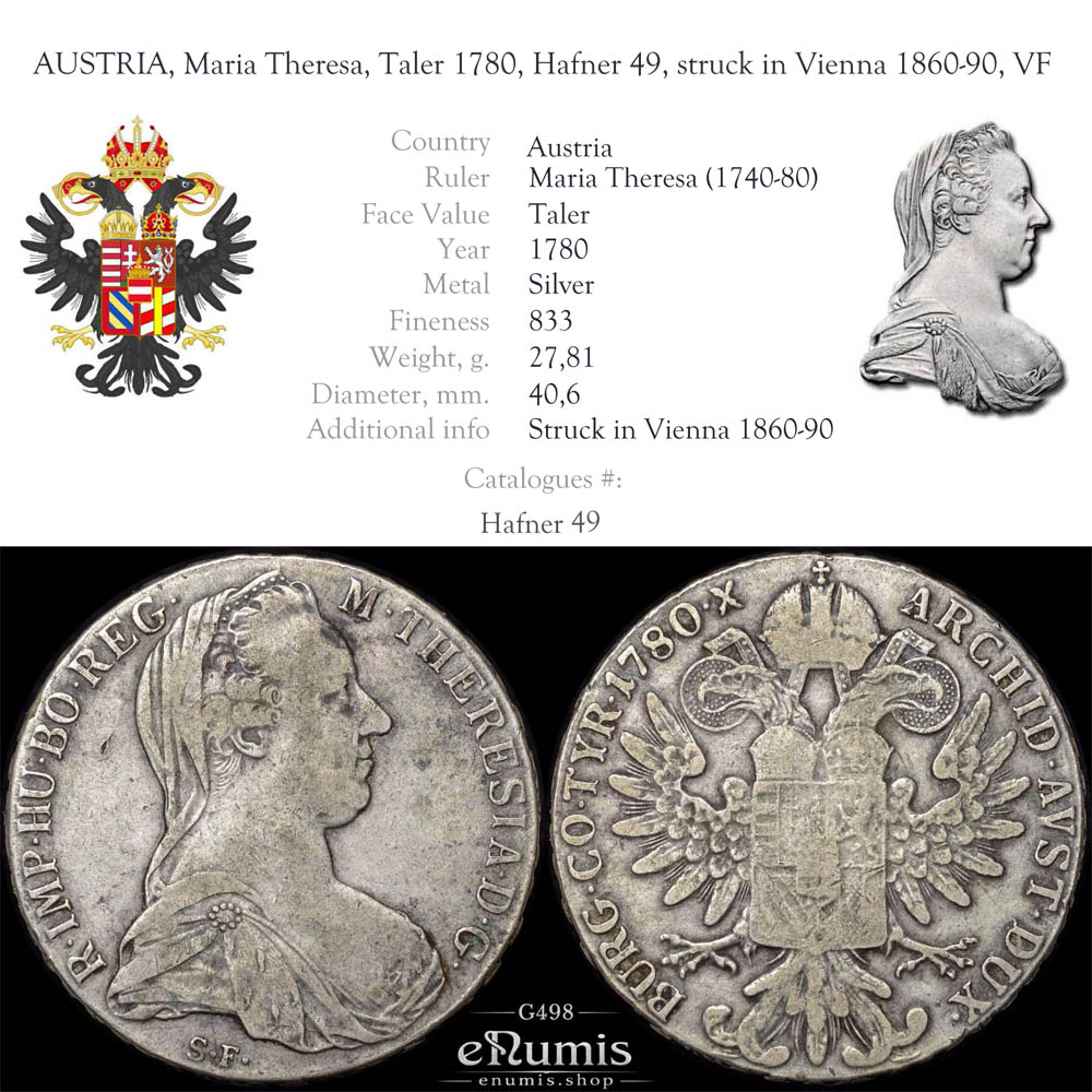 AUSTRIA, Maria Theresa, Taler 1780, Hafner 49, struck in Vienna 1860-90, VF