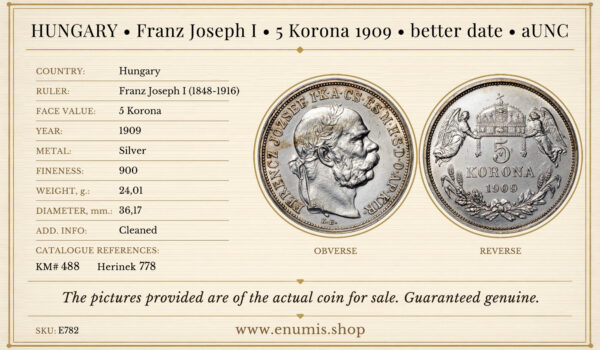 オーストリア 5コロナ 1909年 銀貨 au04 JCC | ジャパンコインキャビネット / オーストリア 1909年 5コロナ銀貨