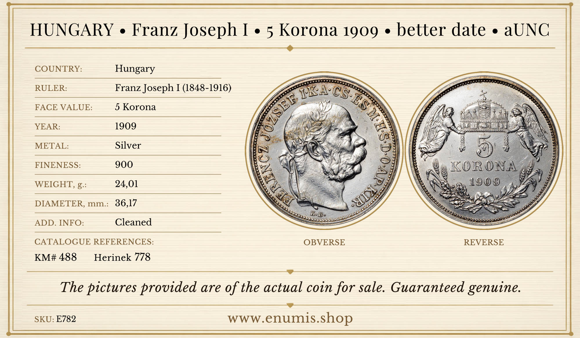 HUNGARY, Franz Joseph I, 5 Korona 1909, better date, aUNC