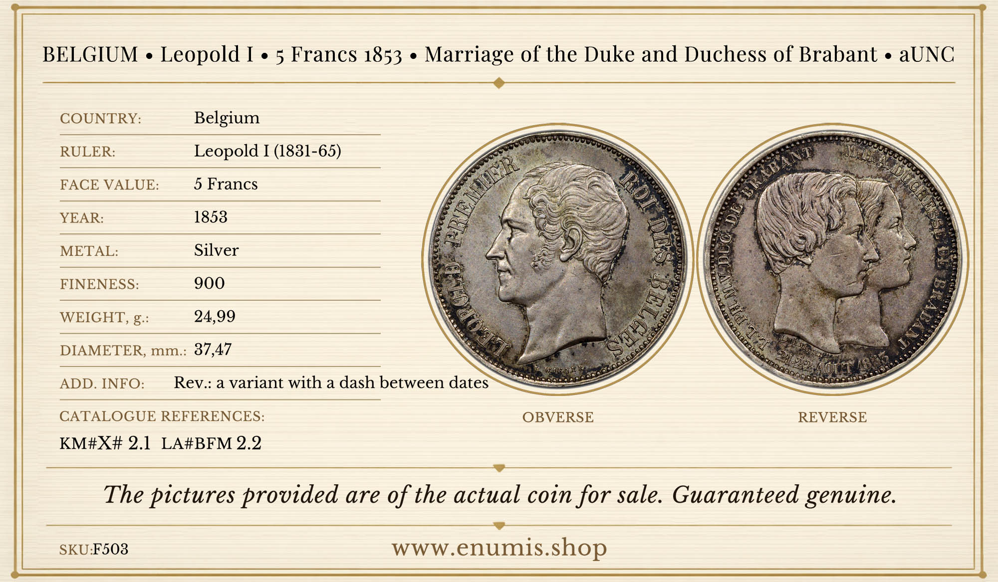 BELGIUM, Leopold I, 5 Francs 1853, Marriage of the Duke of Brabant, aUNC