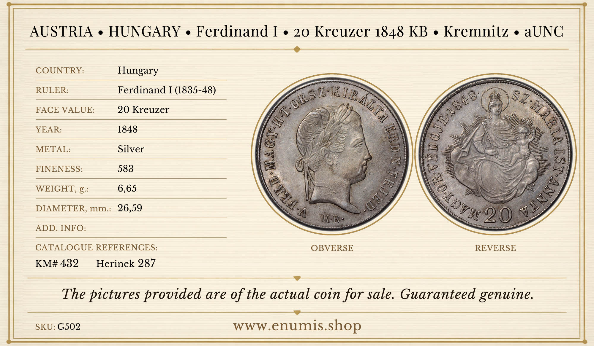 AUSTRIA, HUNGARY, Ferdinand I, 20 Kreuzer 1848 KB, Kremnitz, aUNC