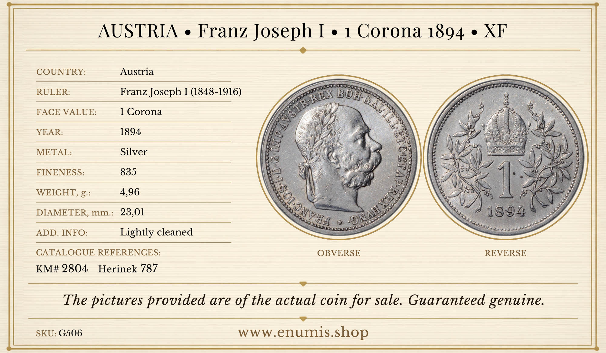 AUSTRIA, Franz Joseph I, 1 Corona 1894, XF
