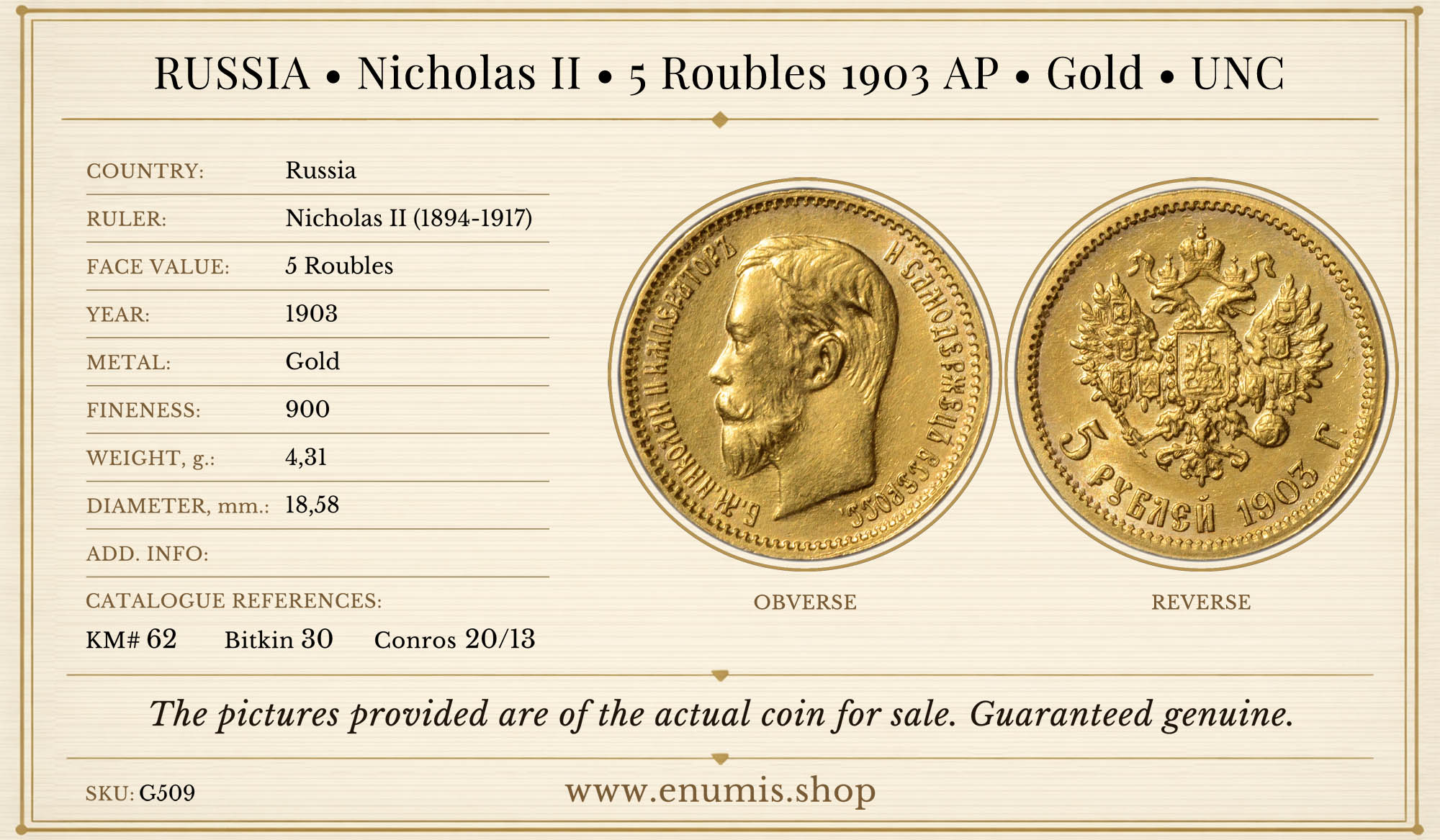 ssG509 RUSSIA, Nicholas II, 5 Roubles 1903 AP, Gold, UNC