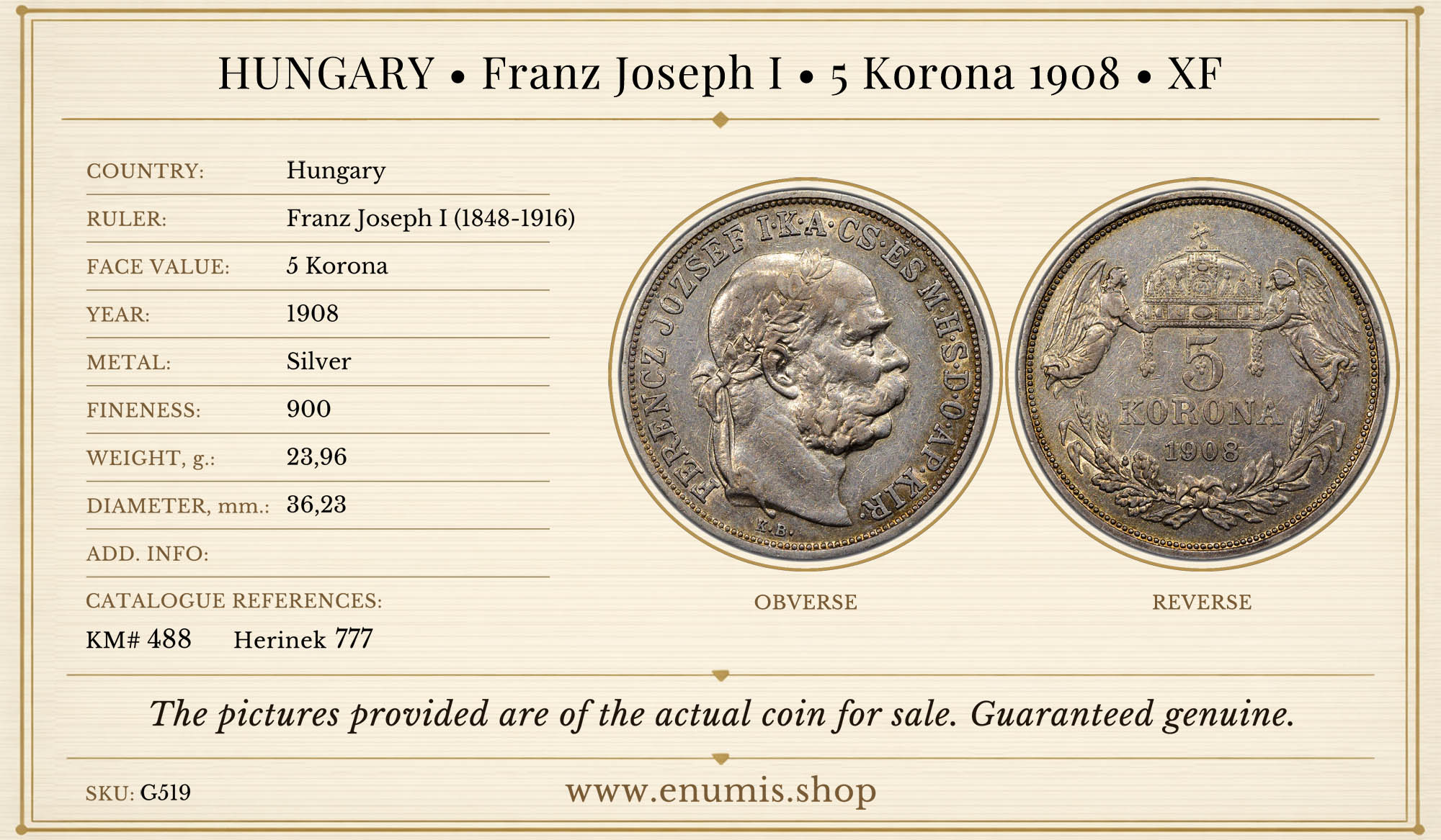 HUNGARY, Franz Joseph I, 5 Korona 1908, XF