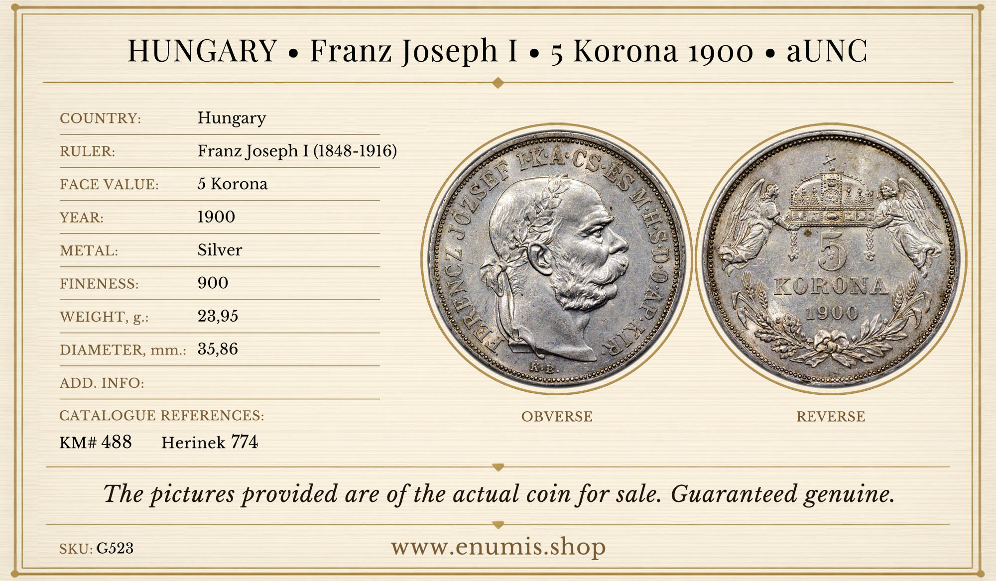 HUNGARY, Franz Joseph I, 5 Korona 1900, aUNC