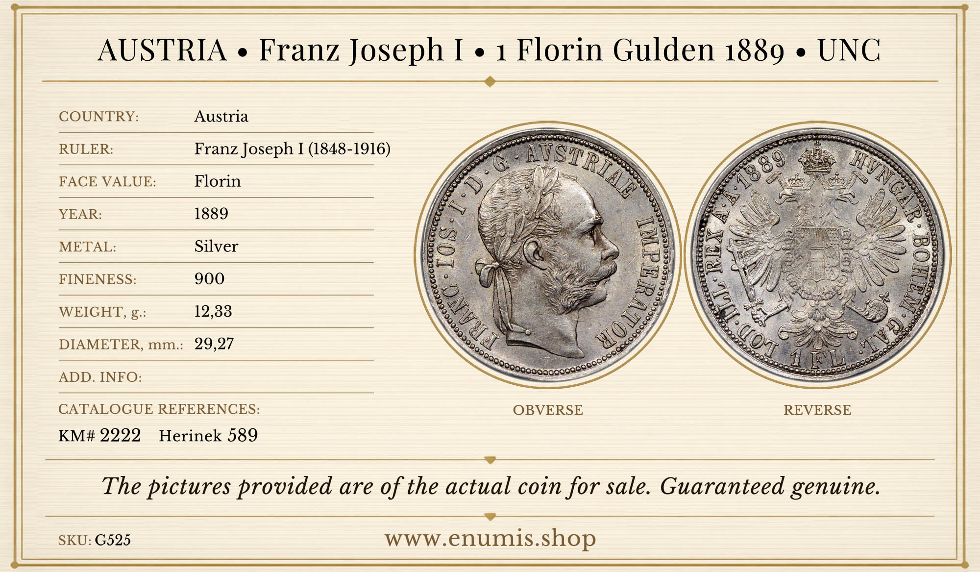 AUSTRIA, Franz Joseph I, 1 Florin Gulden 1889, UNC