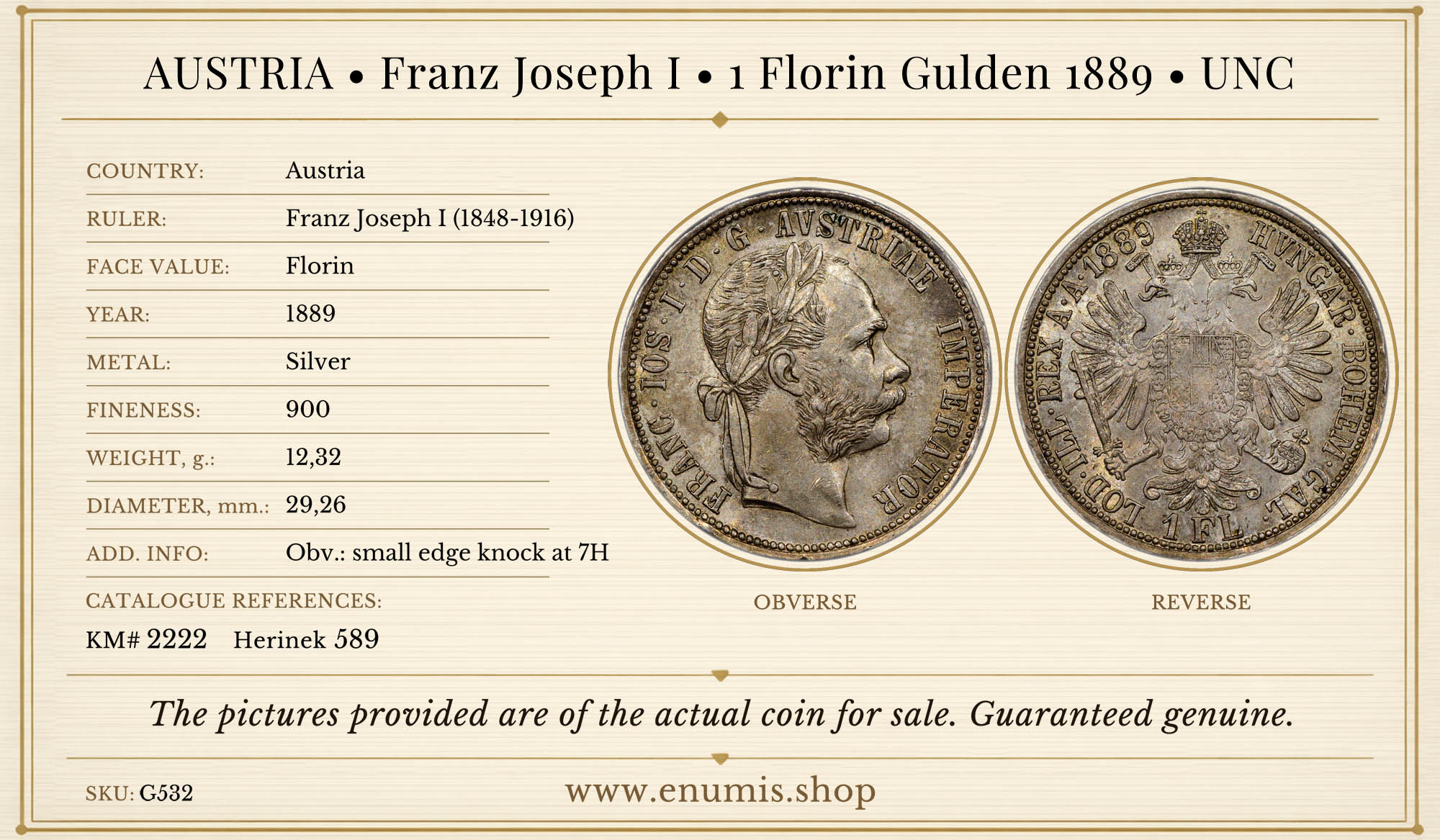 AUSTRIA, Franz Joseph I, 1 Florin Gulden 1889, UNC