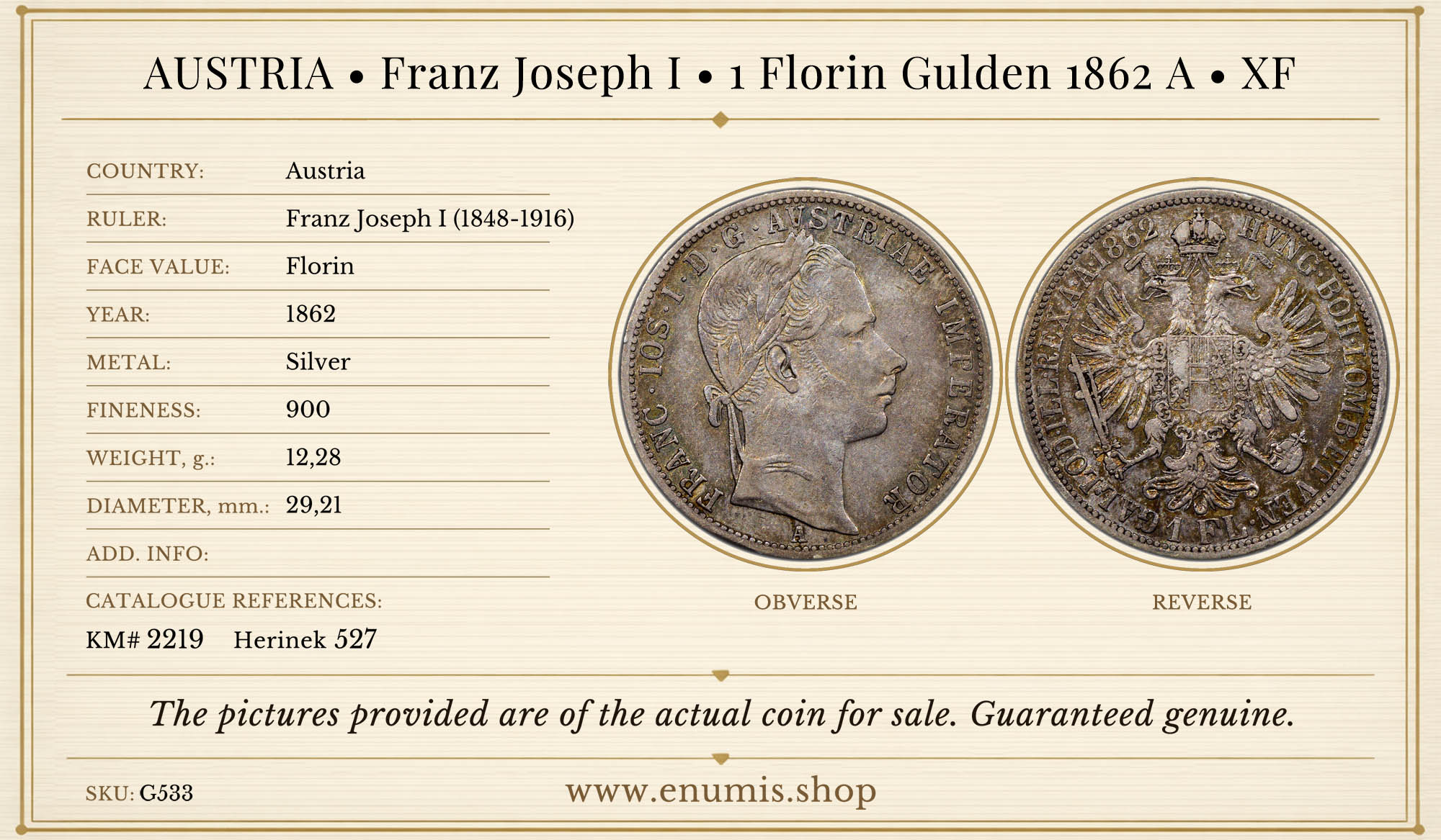 AUSTRIA, Franz Joseph I, 1 Florin Gulden 1862 A, XF