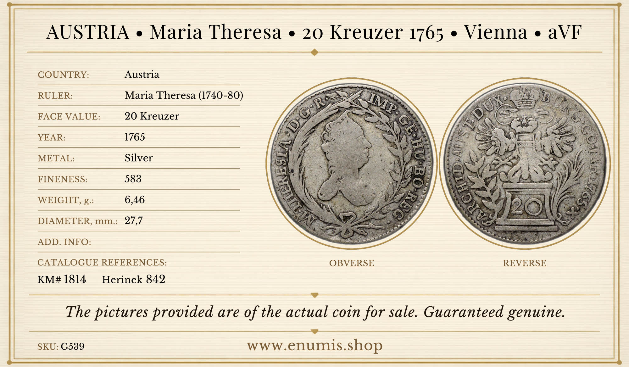 AUSTRIA, Maria Theresa, 20 Kreuzer 1765, Vienna, aVF