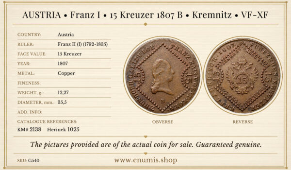 AUSTRIA, Franz I, 15 Kreuzer 1807 B, Kremnitz, VF-XF • • 👍