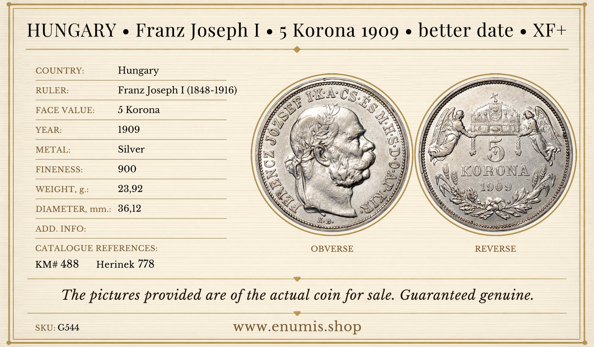 HUNGARY, Franz Joseph I, 5 Korona 1909, better date, XF+