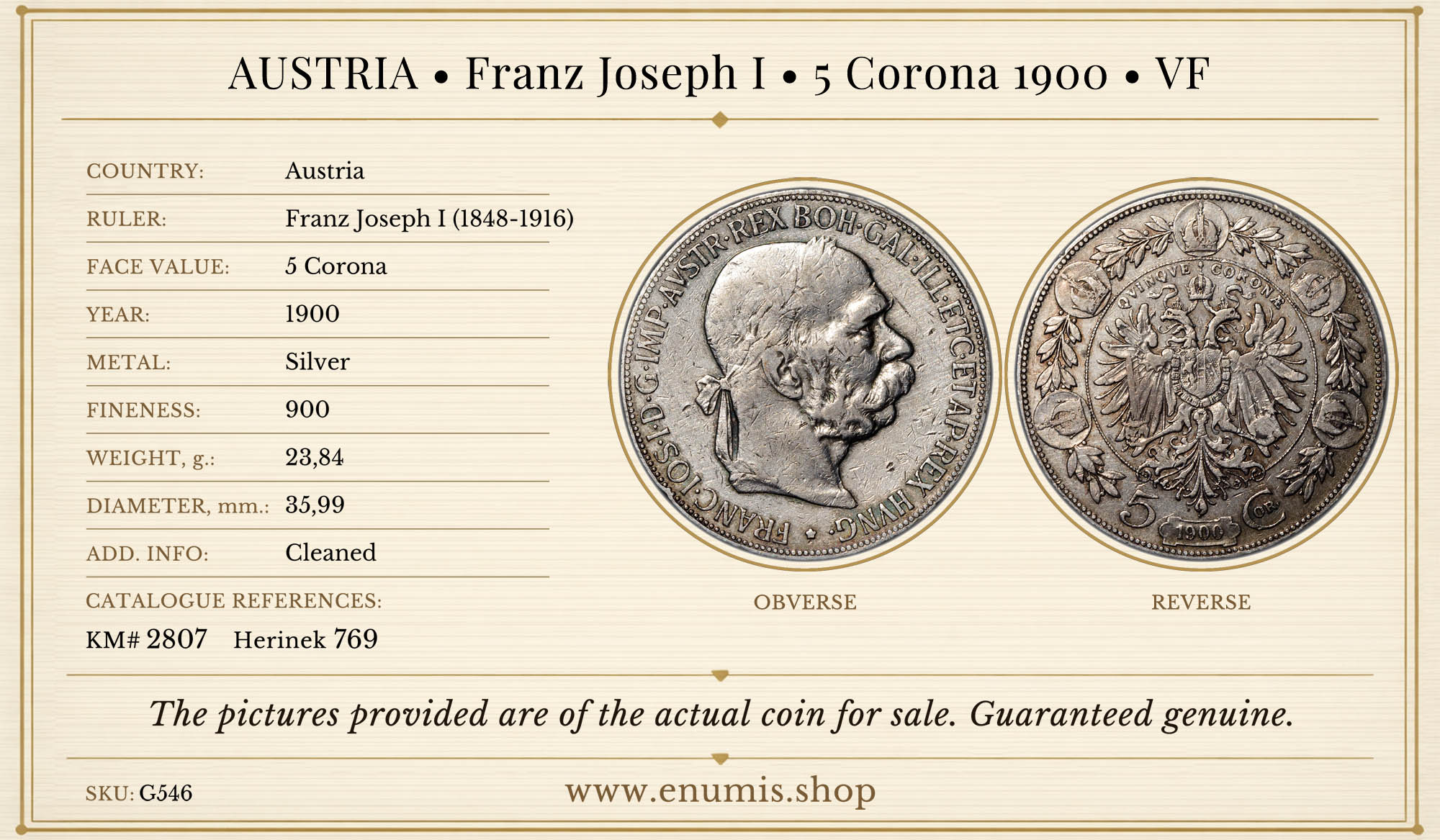 AUSTRIA, Franz Joseph I, 5 Corona 1900, VF