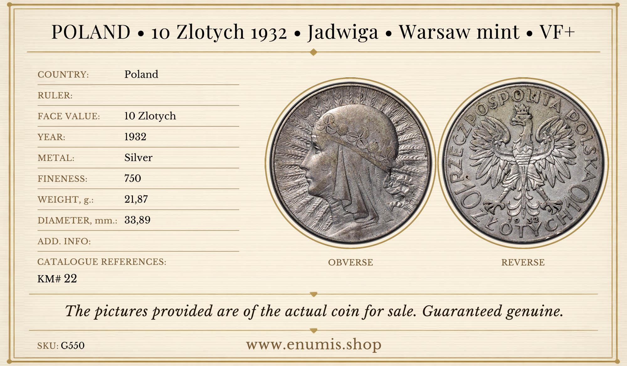POLAND, 10 Zlotych 1932, Jadwiga, Warsaw mint, VF+