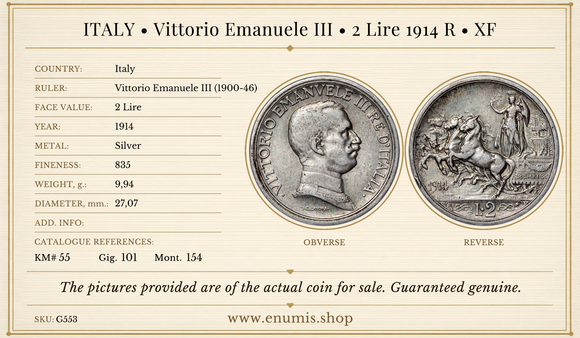 ITALY, Vittorio Emanuele III, 2 Lire 1914 R, XF