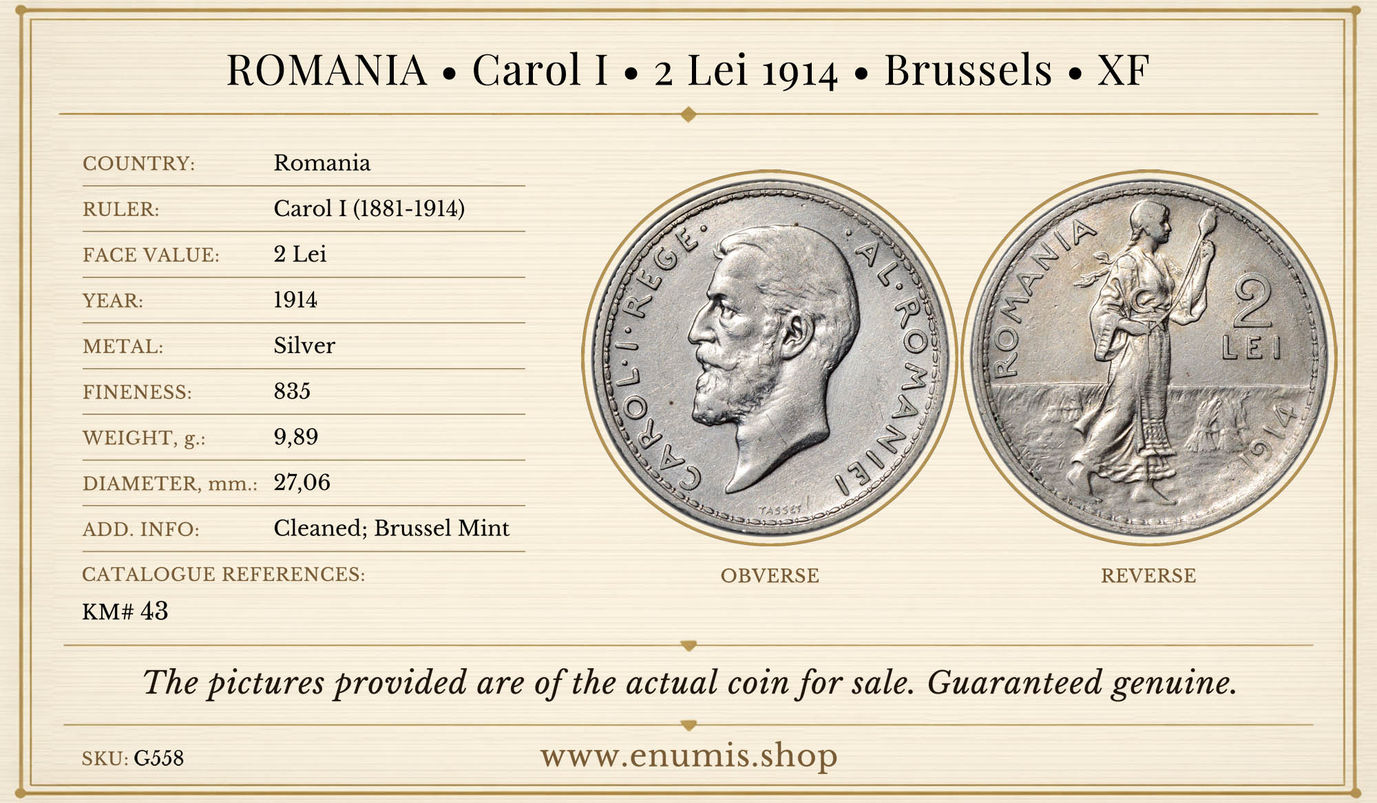 ROMANIA, Carol I, 2 Lei 1914, Brussels, XF