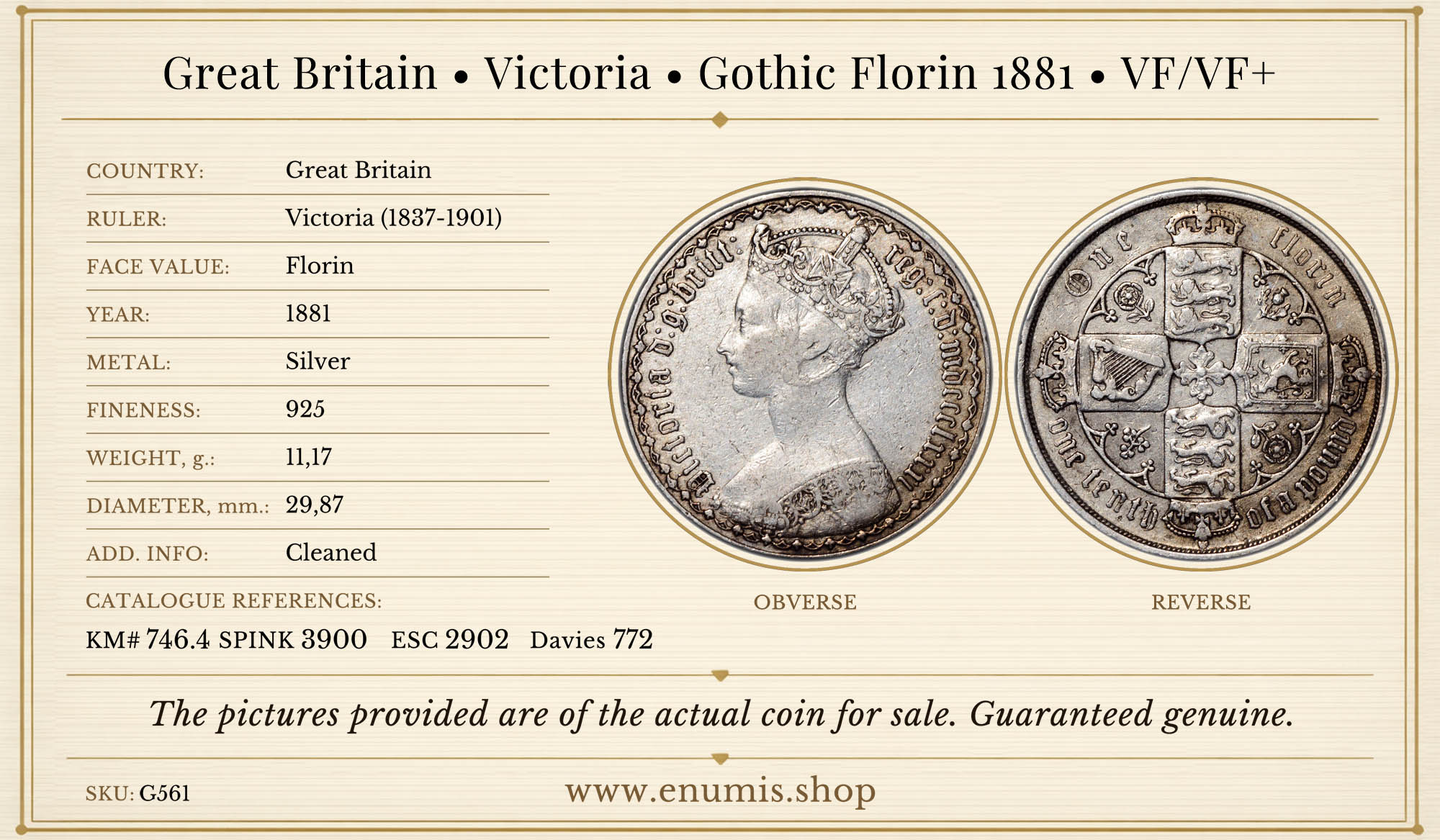 Great Britain, Victoria, Gothic Florin 1881, VF/VF+
