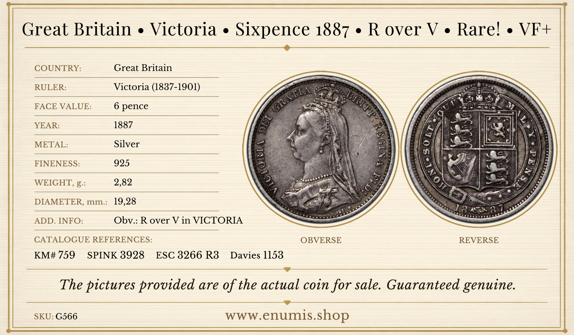 Great Britain, Victoria, Sixpence 1887, R over V, Rare!, VF+