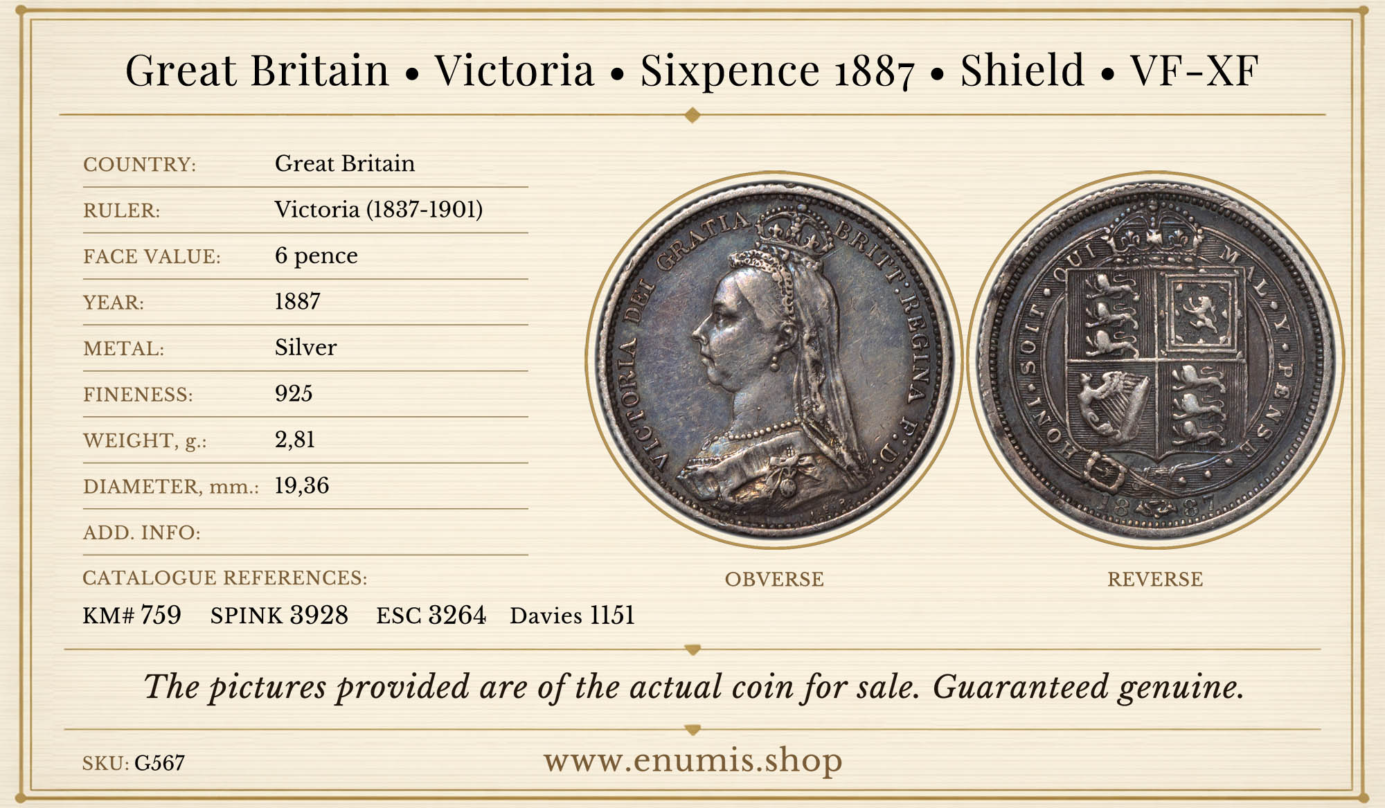 Great Britain, Victoria, Sixpence 1887, Shield, VF-XF