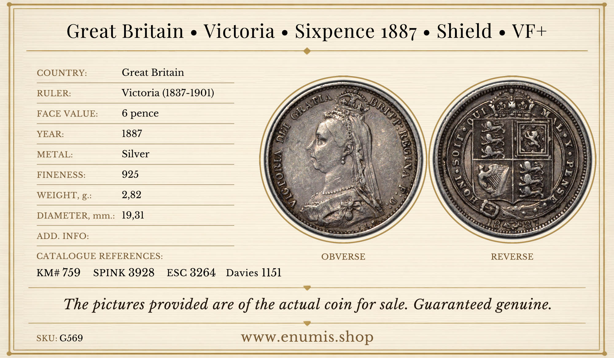 Great Britain, Victoria, Sixpence 1887, Shield, VF+