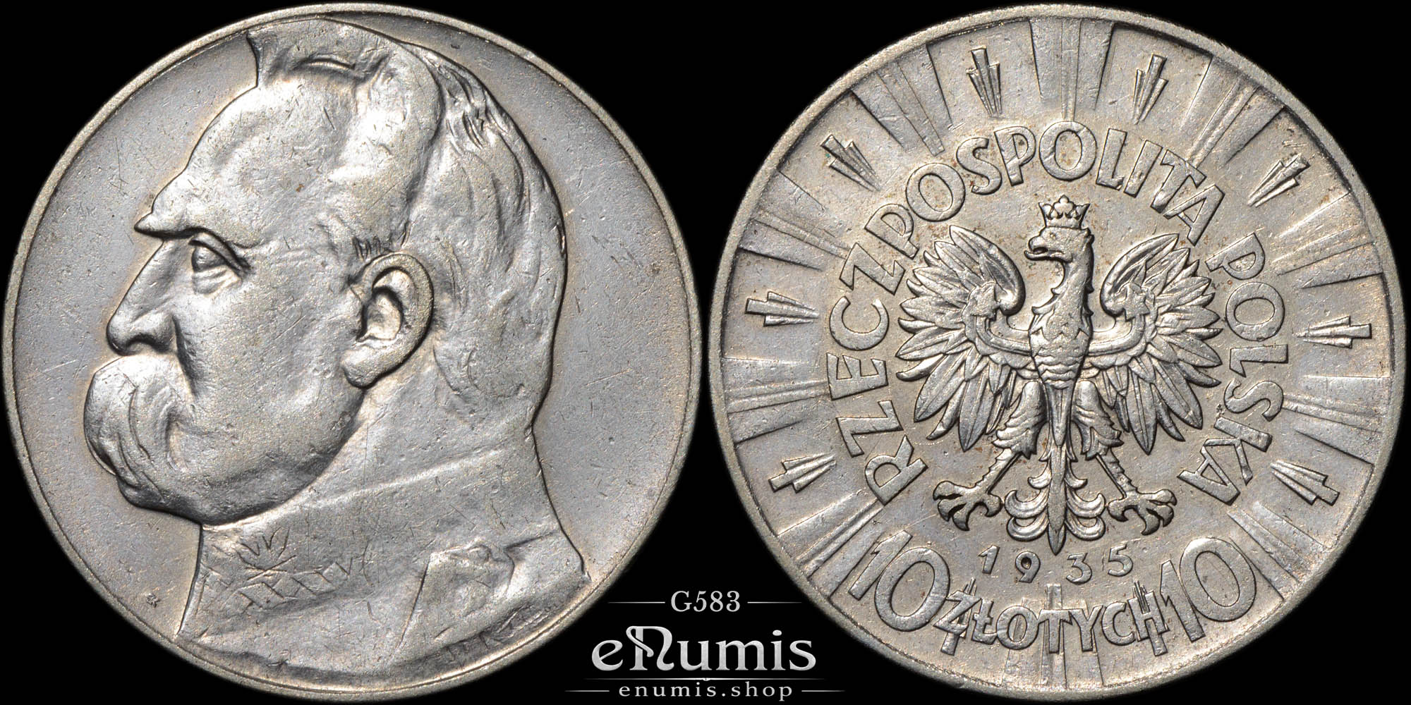 POLAND, 10 Zlotych 1935, Pilsudski, VF-XF