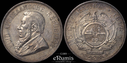 South Africa, ZAR, Kruger, 5 Shillings 1892, Double shaft, XF-UNC