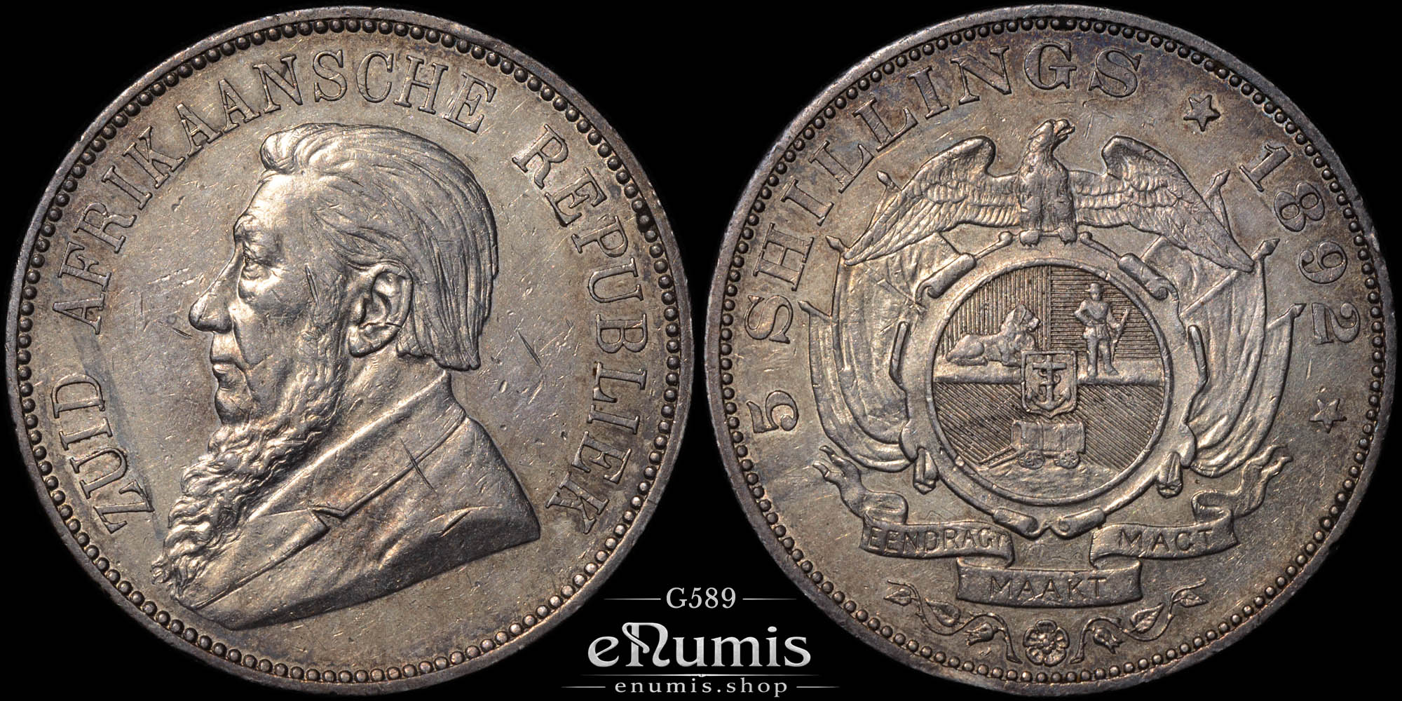 South Africa, ZAR, Kruger, 5 Shillings 1892, Double shaft, XF-UNC