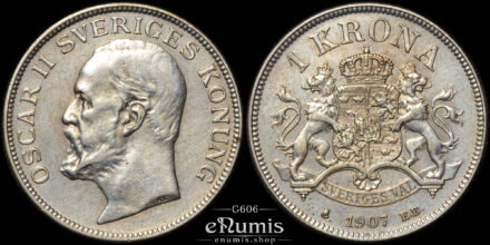 SWEDEN, Oscar II, 1 Krona 1907, XF+
