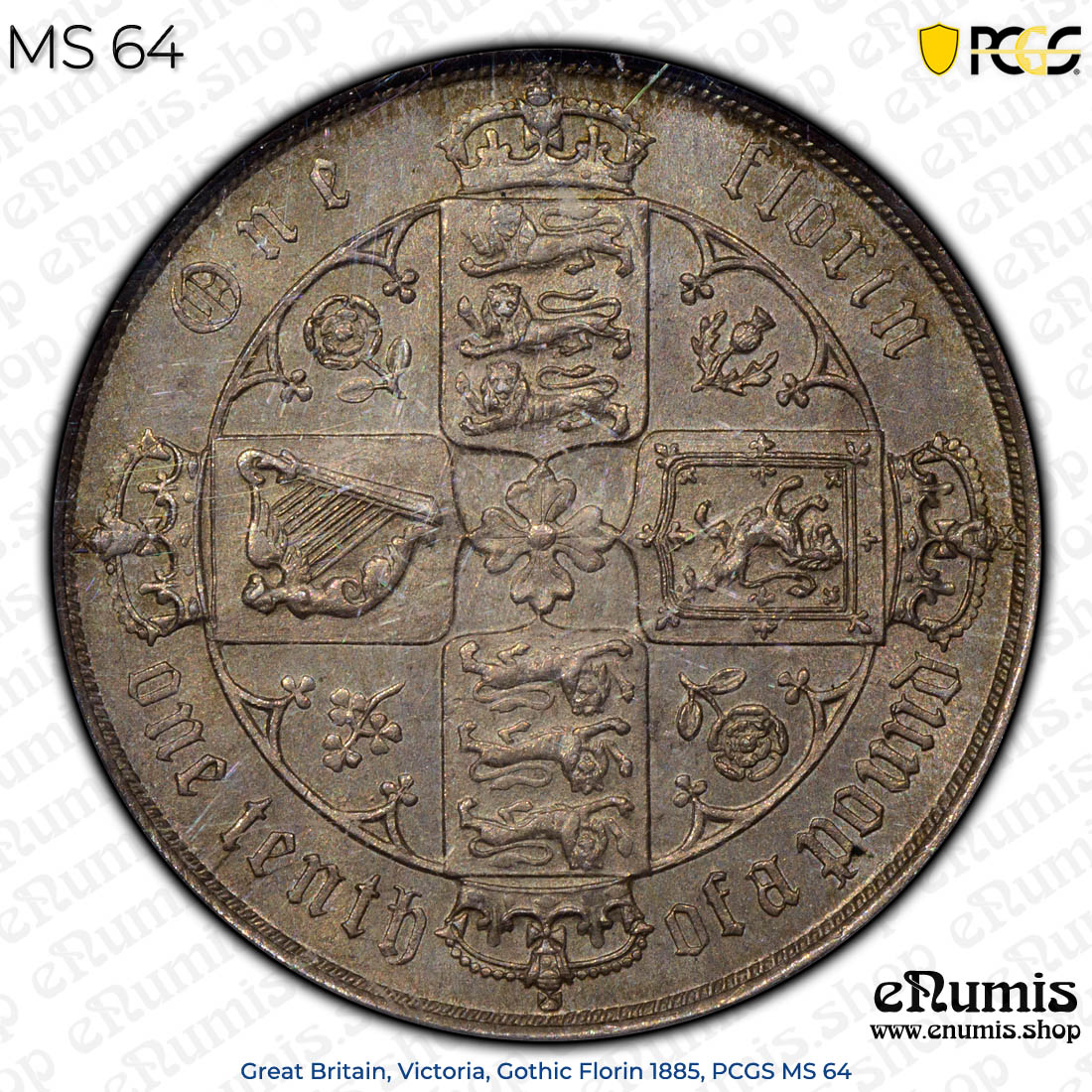 Great Britain, Victoria, Gothic Florin 1885, PCGS MS 64