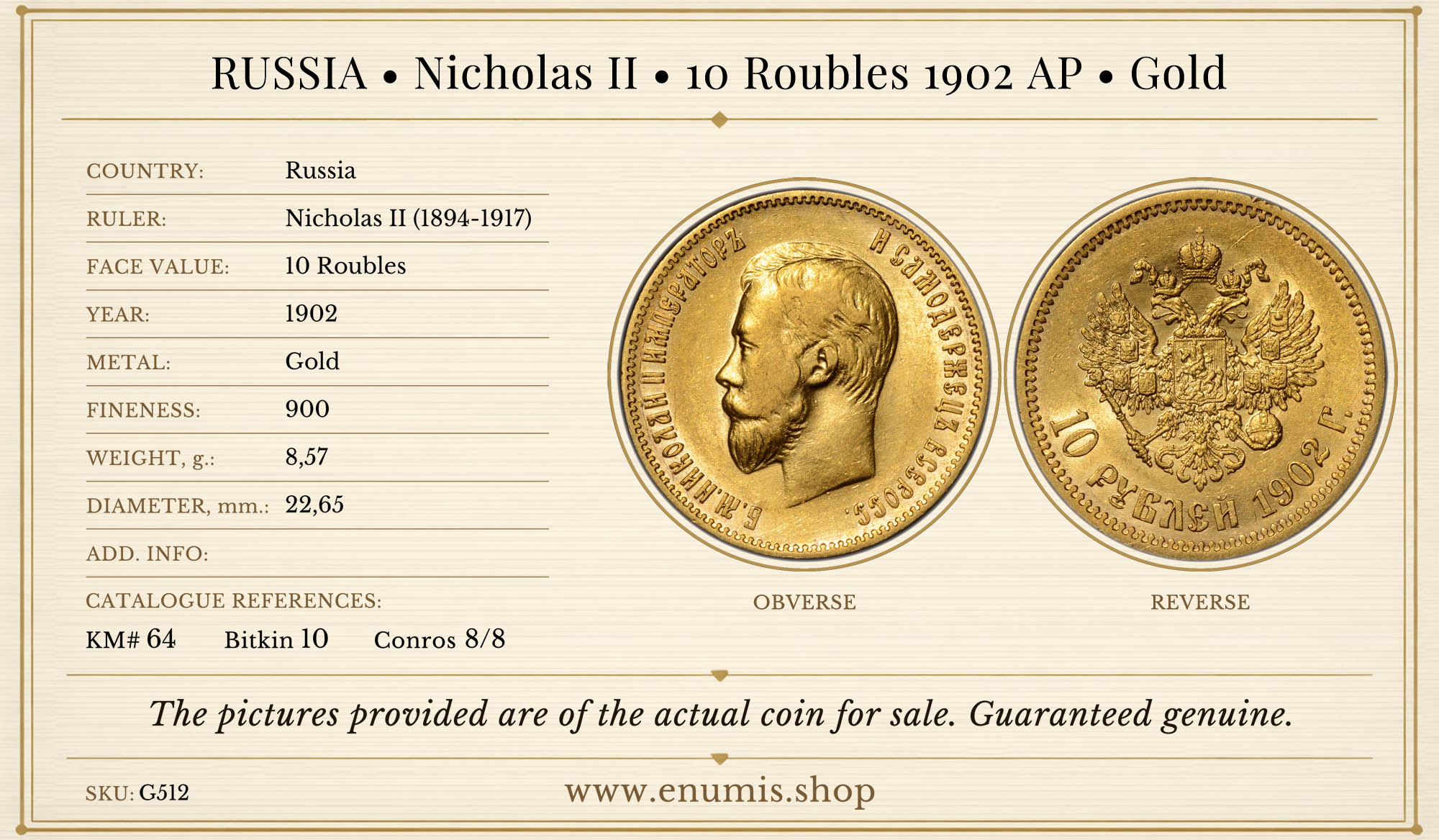 RUSSIA, Nicholas II, 10 Roubles 1902 AP, Gold