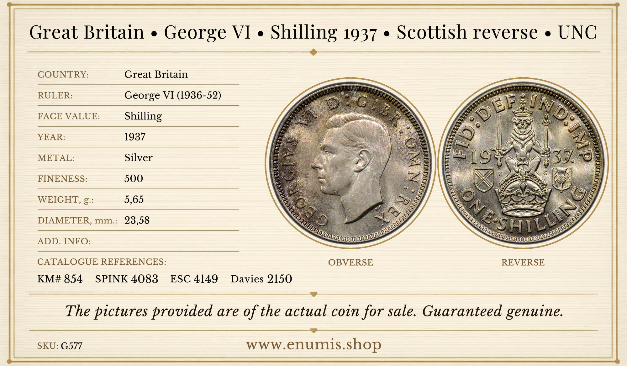 Great Britain, George VI, Shilling 1937, Scottish reverse, UNC Great Britain, George VI, Shilling 1937, Scottish reverse, UNC