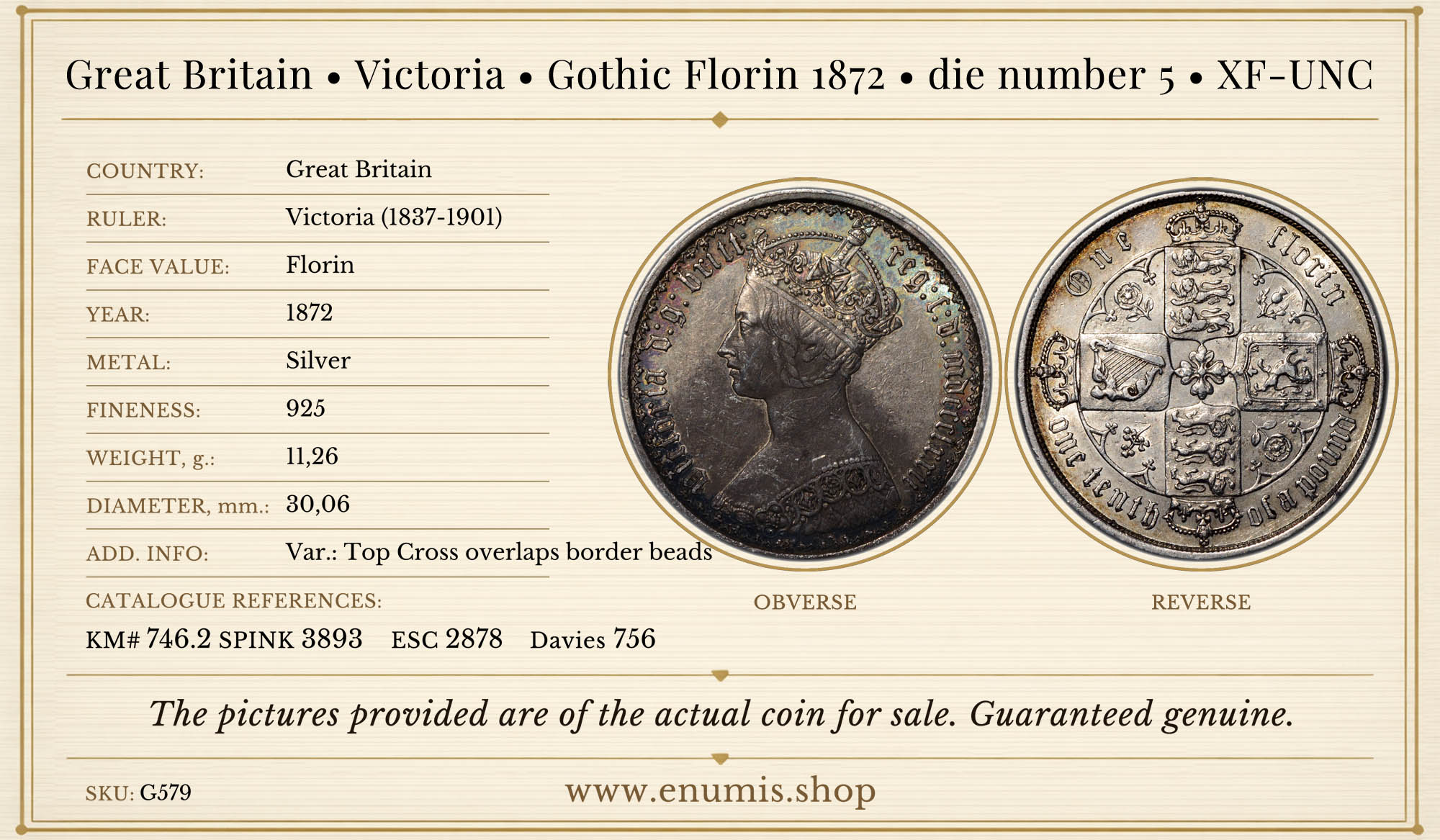 Great Britain, Victoria, Gothic Florin 1872, die number 5, XF-UNC