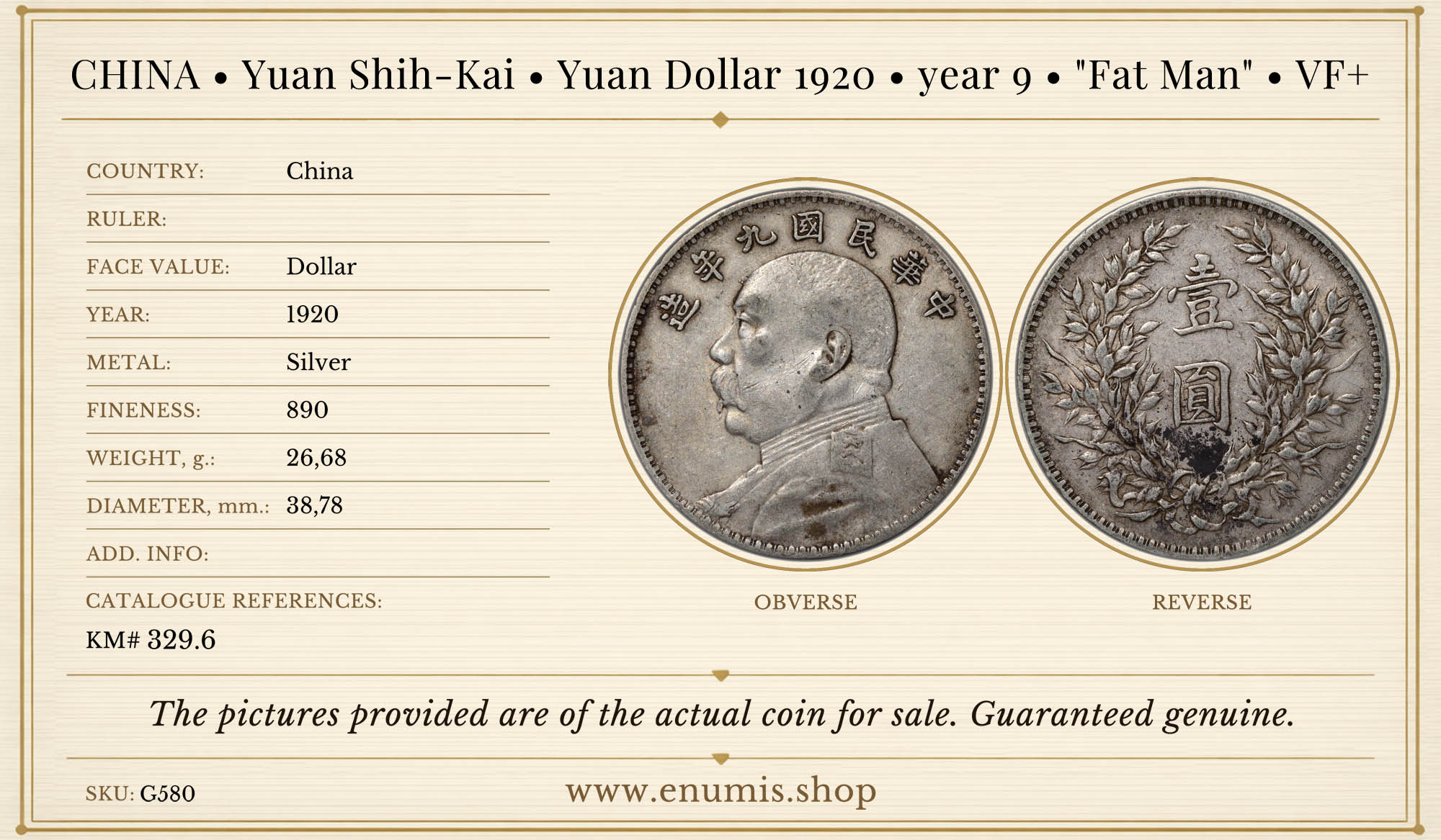 CHINA, Yuan Shih-Kai, Yuan Dollar 1920, year 9, "Fat Man", VF+ CHINA, Yuan Shih-Kai, Yuan Dollar 1920, year 9, "Fat Man", VF+