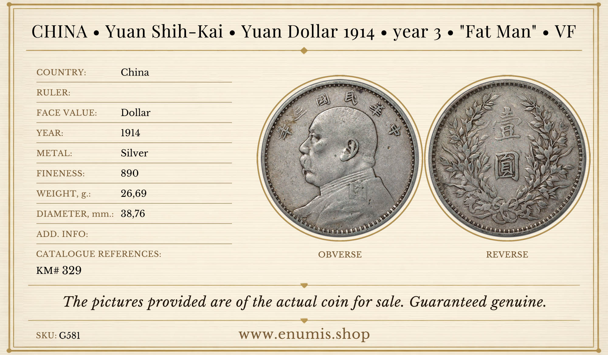 CHINA, Yuan Shih-Kai, Yuan Dollar 1914, year 3, "Fat Man", VF CHINA, Yuan Shih-Kai, Yuan Dollar 1914, year 3, "Fat Man", VF