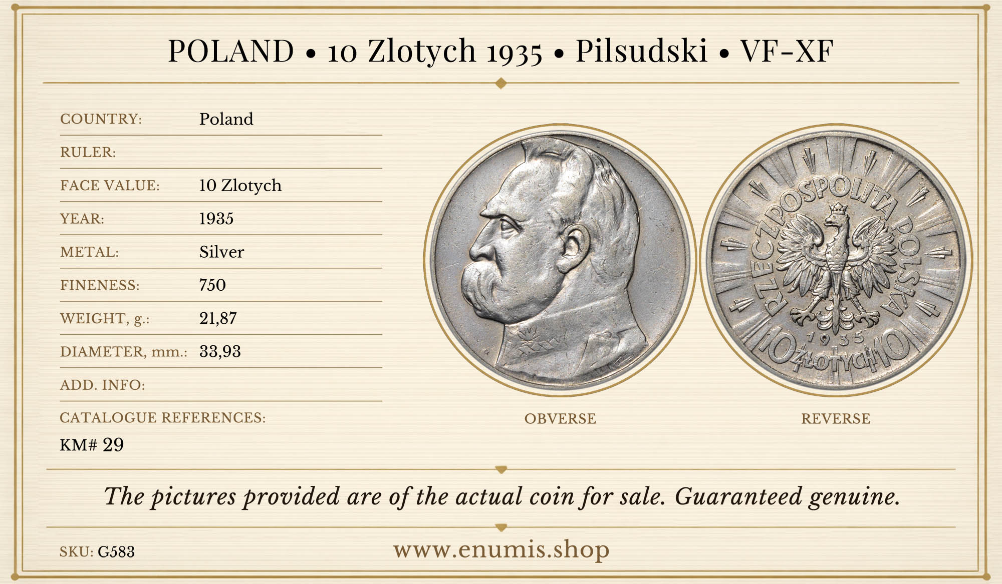 POLAND, 10 Zlotych 1935, Pilsudski, VF-XF