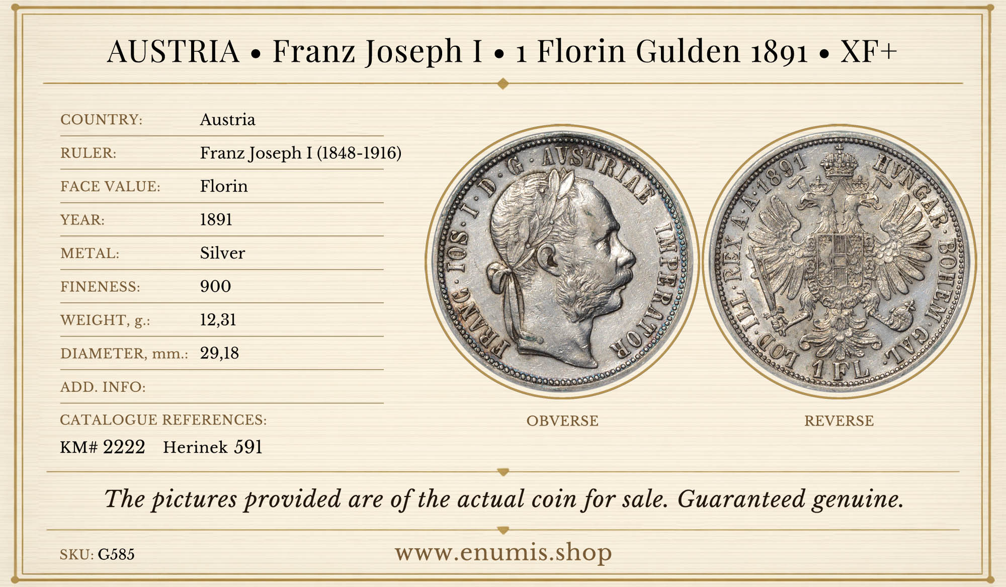 AUSTRIA, Franz Joseph I, 1 Florin Gulden 1891, XF+