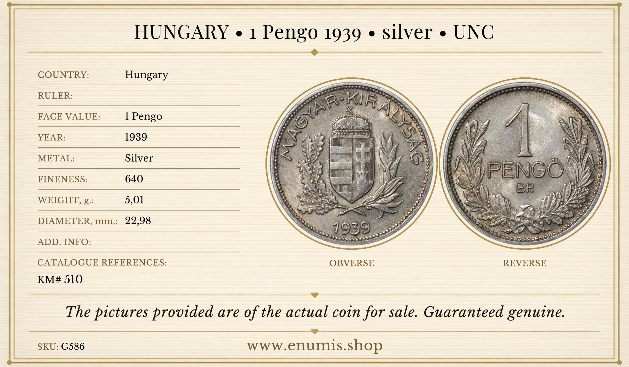 HUNGARY, 1 Pengo 1939, silver, UNC HUNGARY, 1 Pengo 1939, silver, UNC
