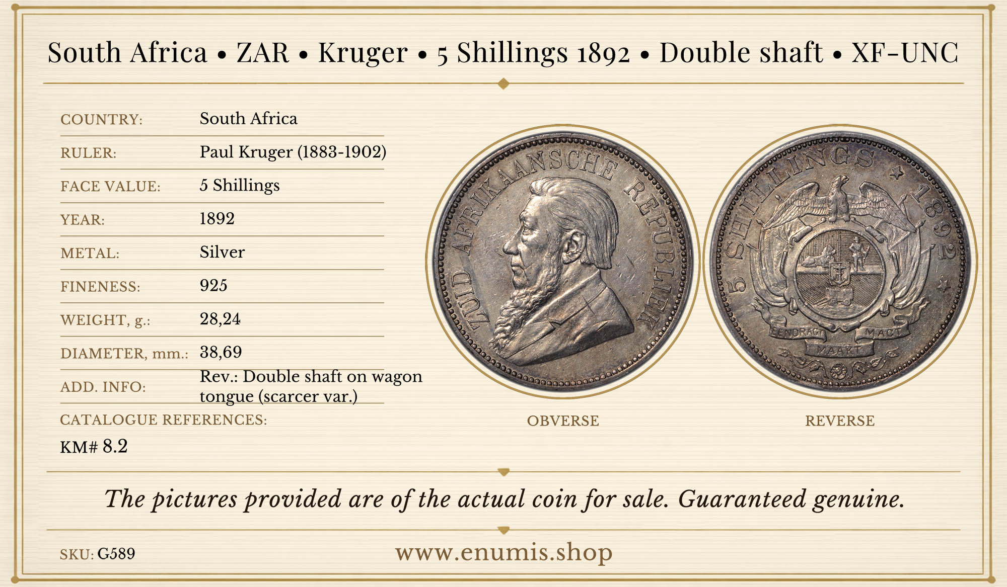 South Africa, ZAR, Kruger, 5 Shillings 1892, Double shaft, XF-UNC