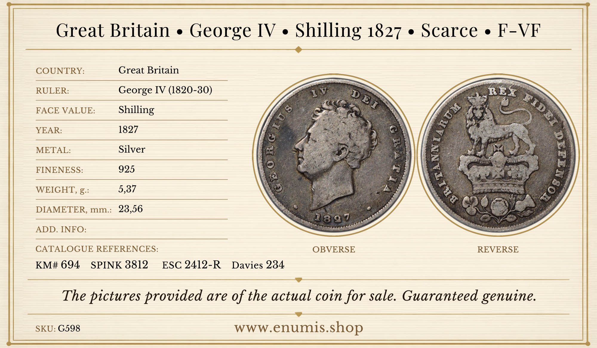 Great Britain, George IV, Shilling 1827, Scarce, F-VF