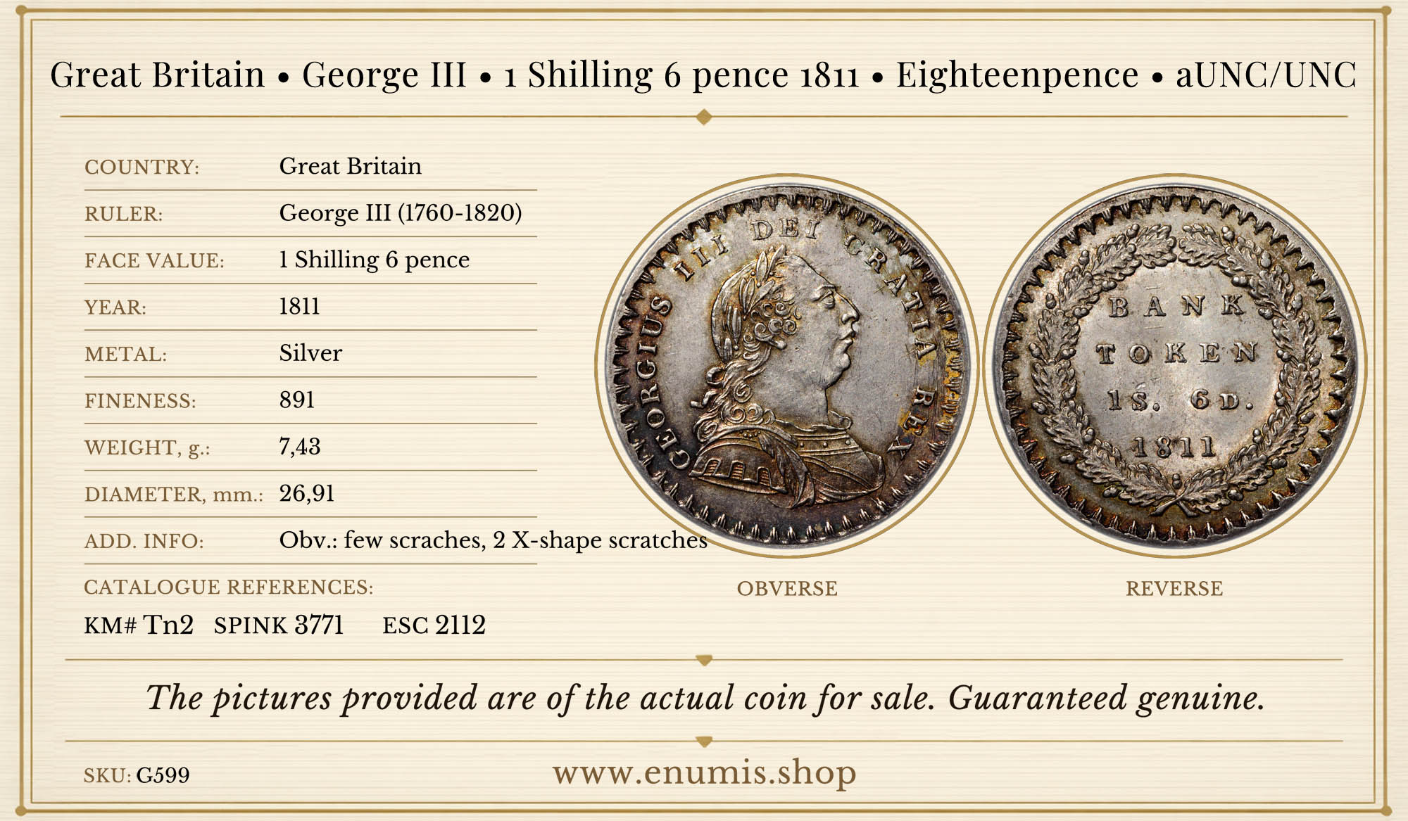 Great Britain, George III, 1 Shilling 6 pence 1811, Eighteenpence, aUNC/UNC