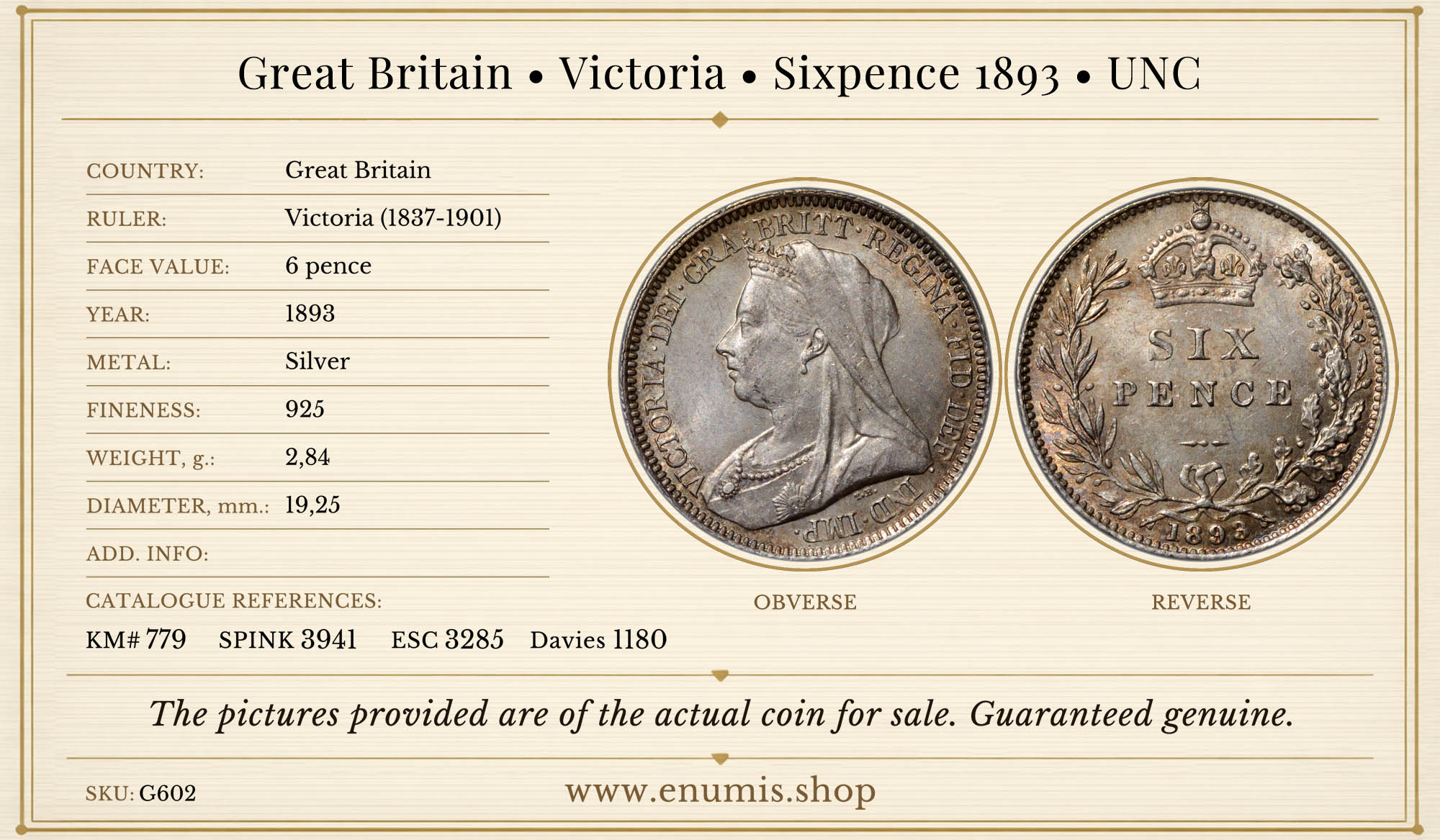 Great Britain, Victoria, Sixpence 1893, UNC