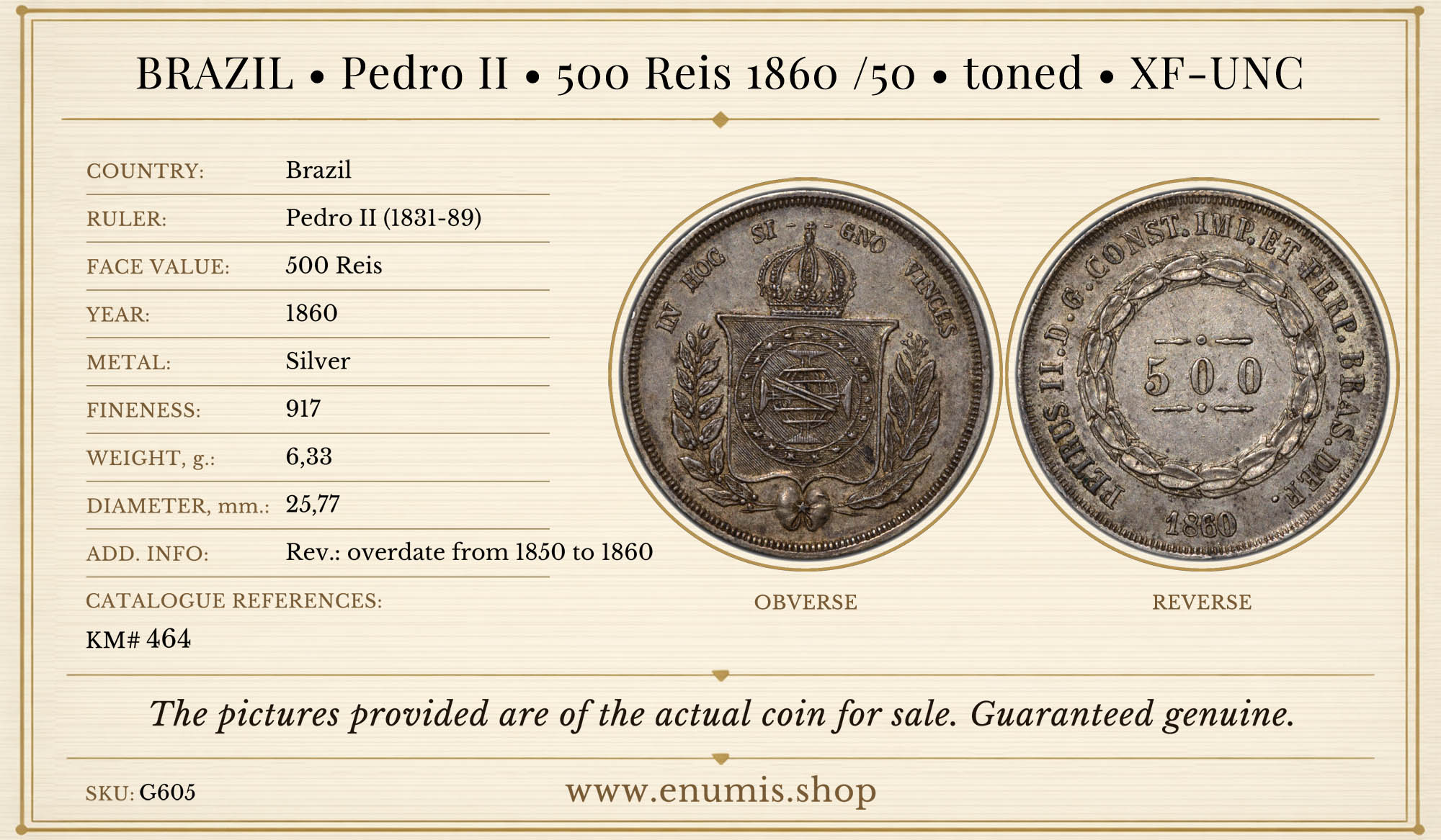 BRAZIL, Pedro II, 500 Reis 1860 /50, toned, XF-UNC