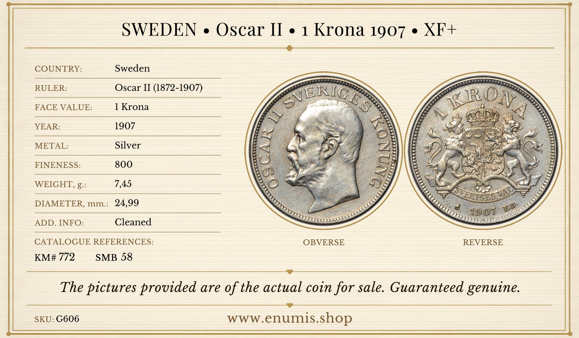 SWEDEN, Oscar II, 1 Krona 1907, XF+