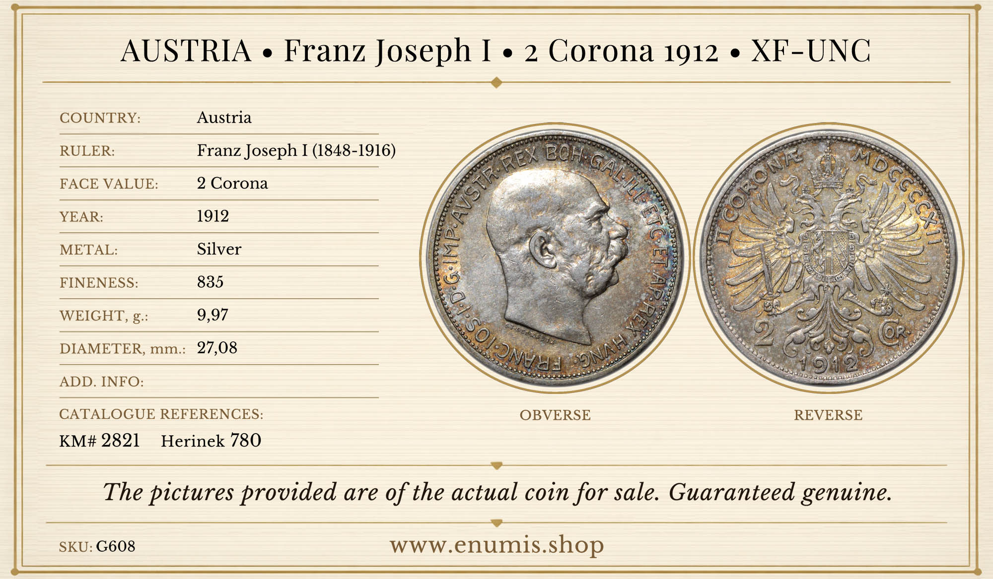 AUSTRIA, Franz Joseph I, 2 Corona 1912, XF-UNC AUSTRIA, Franz Joseph I, 2 Corona 1912, XF-UNC