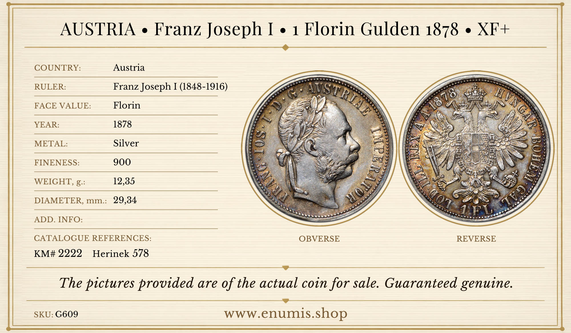 AUSTRIA, Franz Joseph I, 1 Florin Gulden 1878, XF+