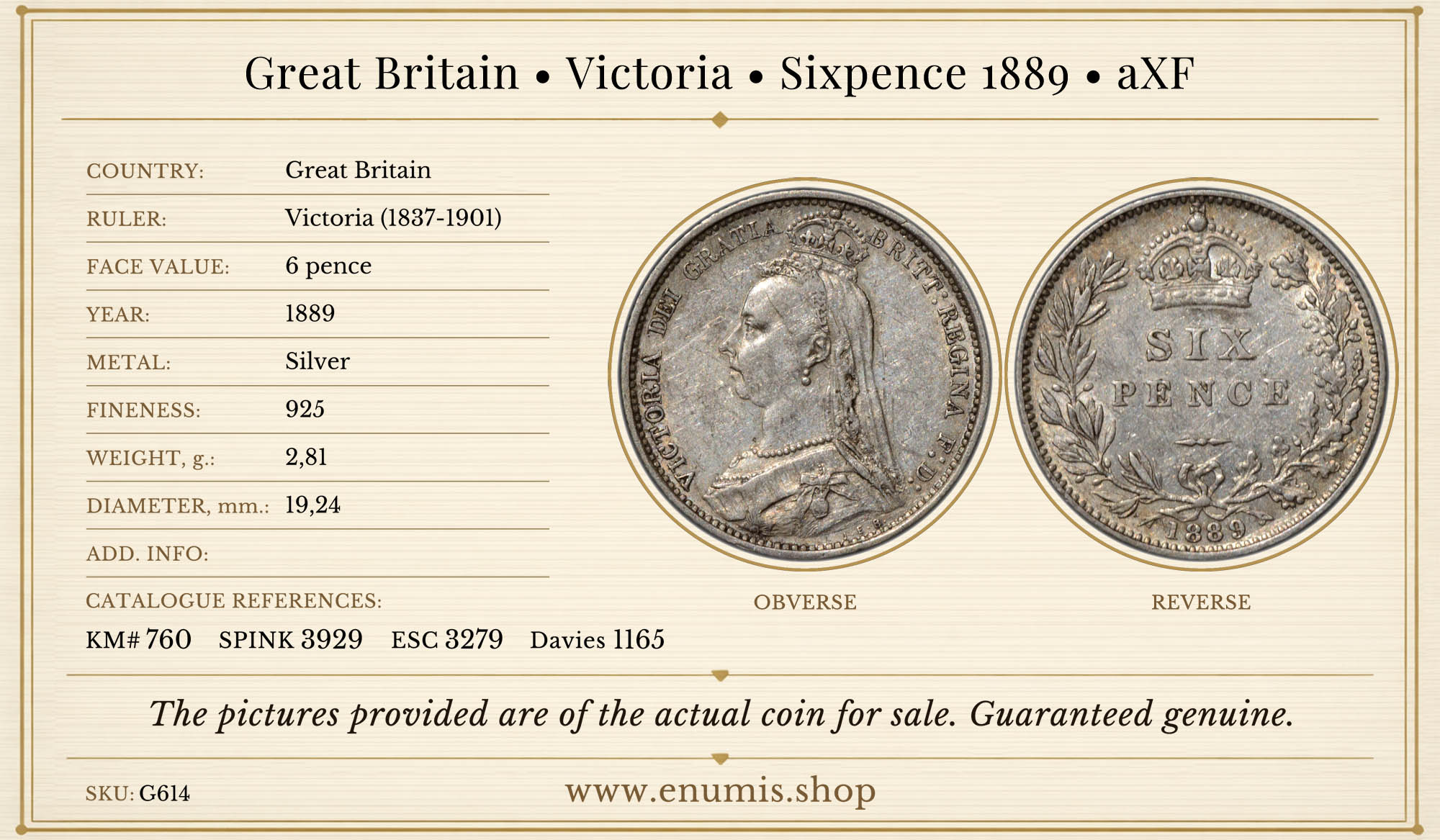 Great Britain, Victoria, Sixpence 1889, aXF