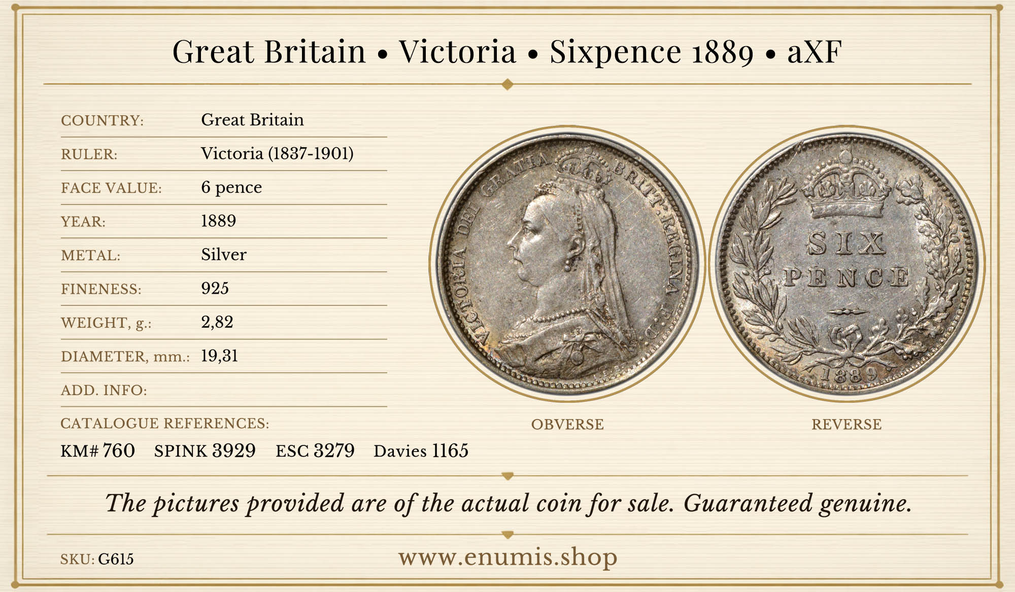 Great Britain, Victoria, Sixpence 1889, aXF