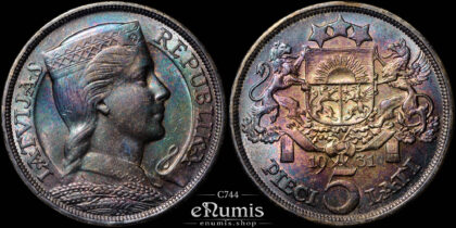 LATVIA, 5 Lati 1931, silver, toned, aUNC
