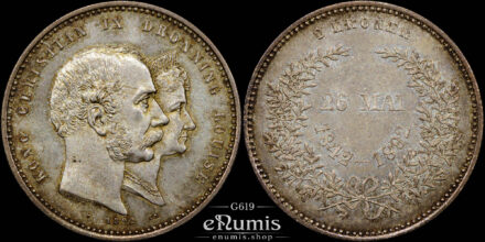 DENMARK, Christian IX, 2 Kroner 1892, Golden Wedding Anniversary, UNC