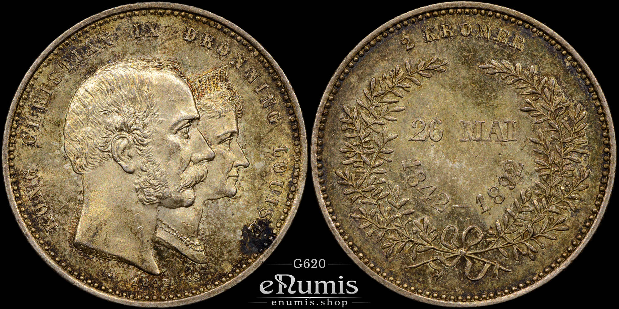 DENMARK, Christian IX, 2 Kroner 1892, Golden Wedding Anniversary, UNC