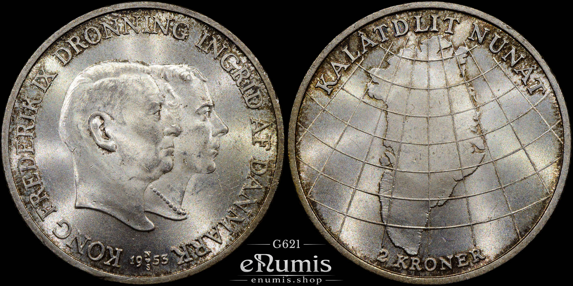 DENMARK, Frederick IX, 2 Kroner 1953, Greenland, silver, UNC